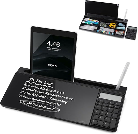Small Glass Desktop Whiteboard Dry-Erase-Board - Computer Keyboard Stand with Calculator White Board Surface Pad with Drawer, Desk Organizers with Accessories for Office, Home, School Supplies - Black