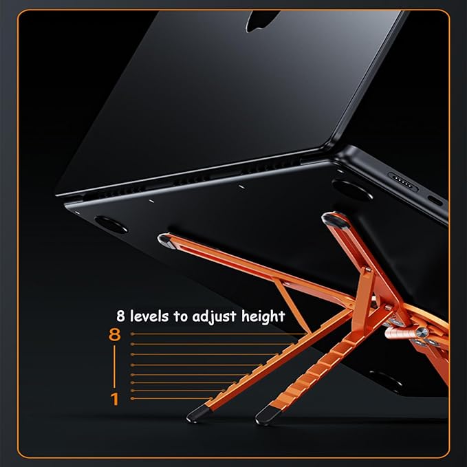 Laptop Stand for Desk, Foldable Aluminum Alloy Magnetic Computer Riser, Ergonomic 8-Level Adjustable Height Travel Laptop Holder,Multi-Functional Stand for 10–16"Laptop,4–13" Tablet and Phone