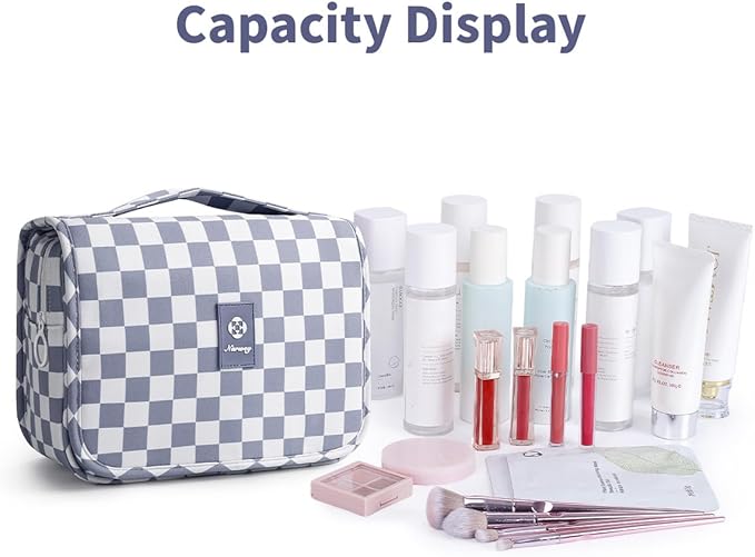 Narwey Small Hanging Travel Toiletry Bag for Traveling Women, Checkered Travel Bag for Toiletries, Makeup Bag Organizer Make Up Cosmetic Bags, Gifts for Kids Teen Girls (Grayish Blue Checkerboard)