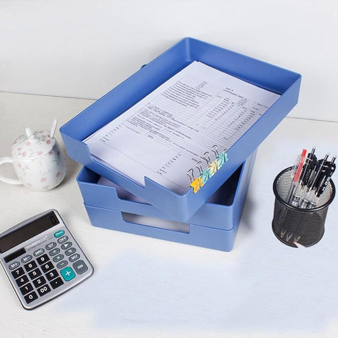 Stackable Letter Tray, 2 Pack Blue, Desk Organizer | Plastic stackable letter tray, fits A4/letter. Anti-skid stacking support. Desktop file organizer for office, school, home.