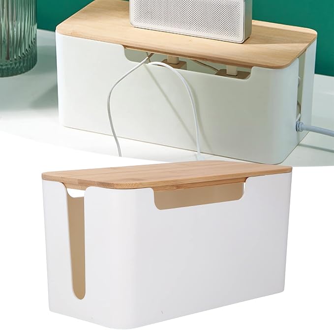 HERCHR Cable Management Box, Small Desk Cord Organizer with Wooden Lid, Cable Box Organizer Power Socket Management for Hiding TV Wires Routers Computers Wires