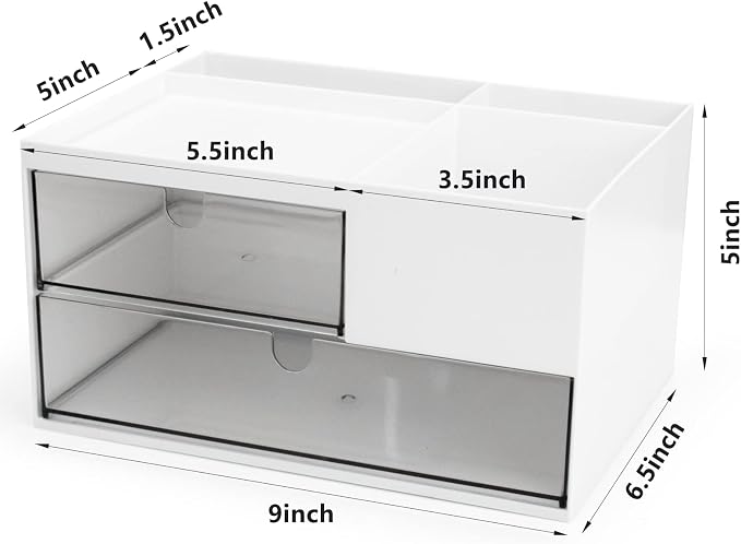Desk Drawer Organizer, Desk Storage Box with 2 Drawers and 4 Compartments, Multifunctional Desk Accessories & Countertop Organizers for Office School Home (White）