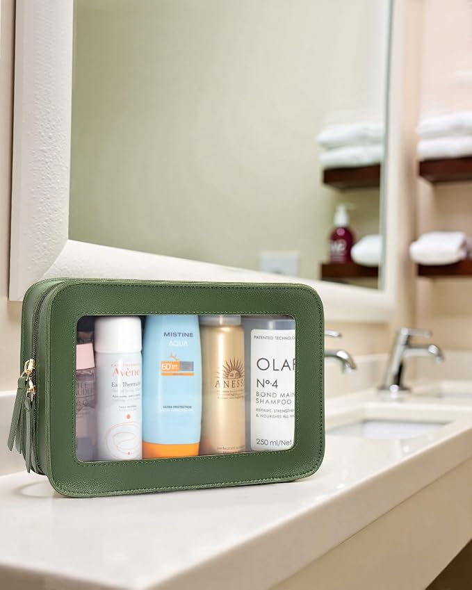 LETGO Clear Makeup Bags,TSA Approved Toiletry Bag with Zipper,Sunscreen Bag Clear Makeup Toiletry Pouch Beach Vacation Essentials for Women Teen Girls Gifts(Vintage Green)