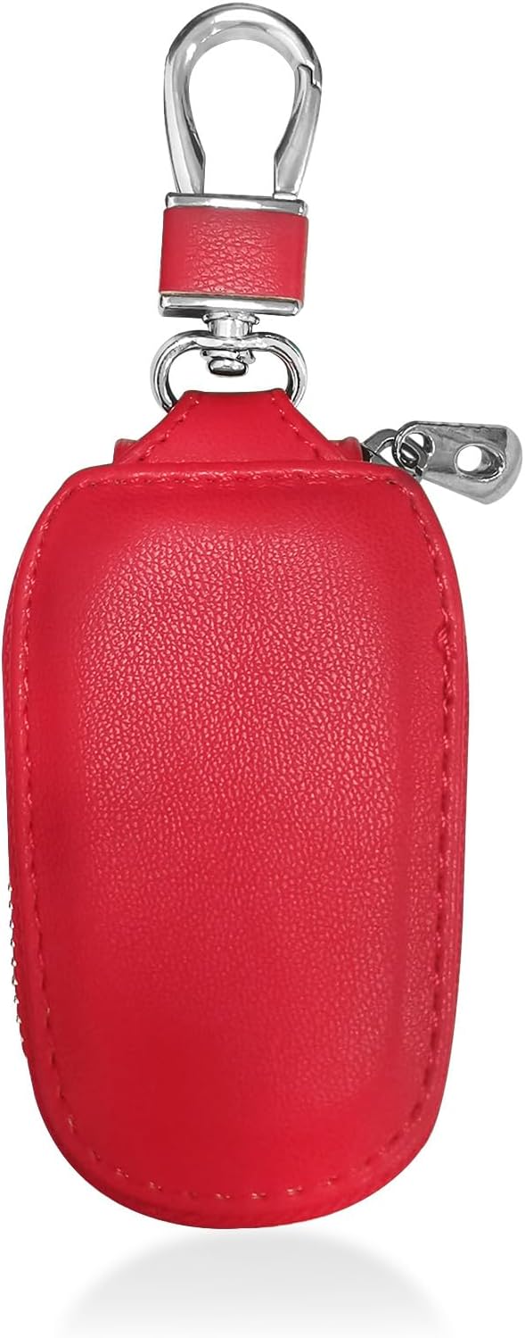 Car Key Case, Genuine Leather Auto Key Fob Protector, Universal Key Fob Cover Case with Metal Hook, Car Smart Keychain Holder for Remote Key Fob, Vehicle Keyring Zipper Bag (Red)