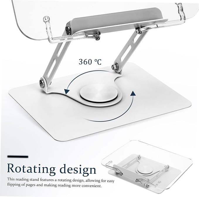 NUOBESTY Adjustable Height Clear Book Stand for Reading Rotating Desktop Holder for Textbooks Laptops and Tablets Ergonomic Design Page Clips and Construction
