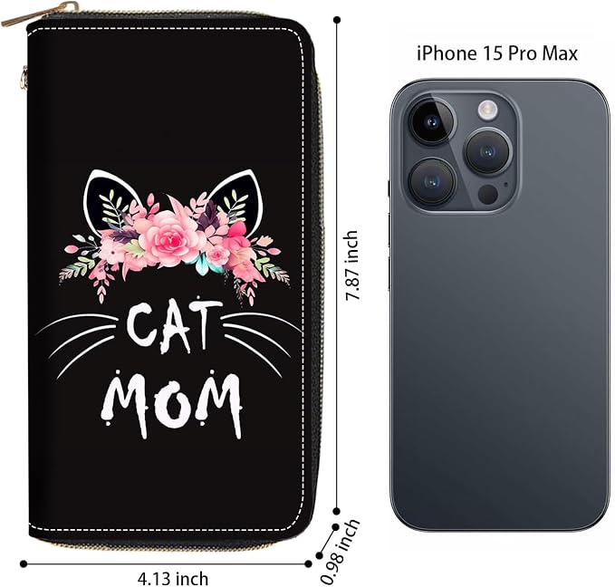 Women's Large Capacity Wallet PU Leather Zip Around Clutch Purse Multifunctional Wallet with Removable Wristlet Strap for Smart Phone/Coin/Card/Cash, Floral Cat Mom