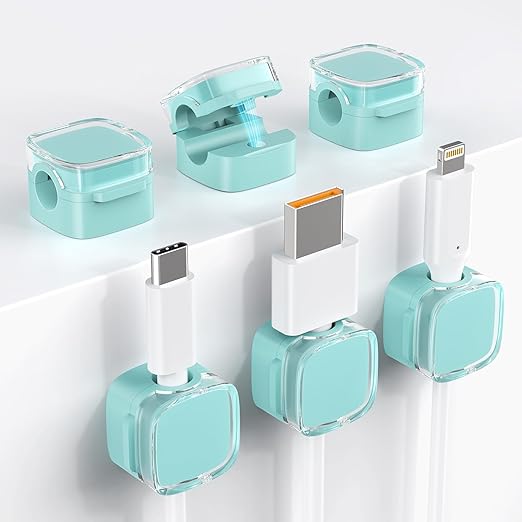 Magnetic Cord Organizer, 6 Pack Magnetic Cable Clips Under Desk Cable Management, Strong Adhesive Wire Holder Keeper for Office Home Kitchen Appliances Bedroom Car Wall Nightstand, Clear Cyan