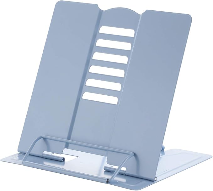Blizzow Desk Book Stand Holder - Hands Free, Adjustable Metal Stand, Lightweight Foldable Portable - Cookbook, Tablet, Music Book, Documents (Light Blue)