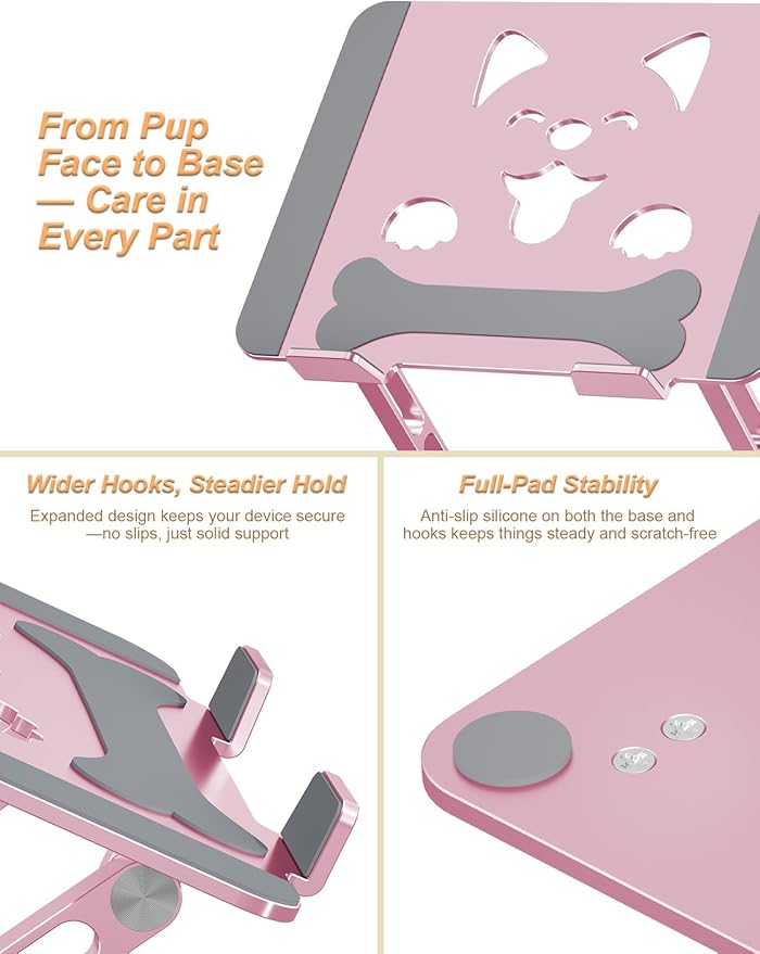 Laptop Stand for Desk-Adjustable, Foldable, Portable, Ergonomic Aluminum Notebook Riser with Unique Puppy Cooling Vent, Desk Gift for 10-17.3" Devices Mac, Dell, HP, Lenovo, Samsung, Rose Gold