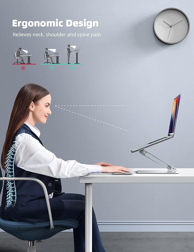 Lamicall Adjustable Laptop Stand, Portable Laptop Riser, Aluminum Laptop Stand for Desk Foldable, Ergonomic Computer Notebook Holder for MacBook Air Pro HP, Office Desk Accessories (10-17.3'')- Silver