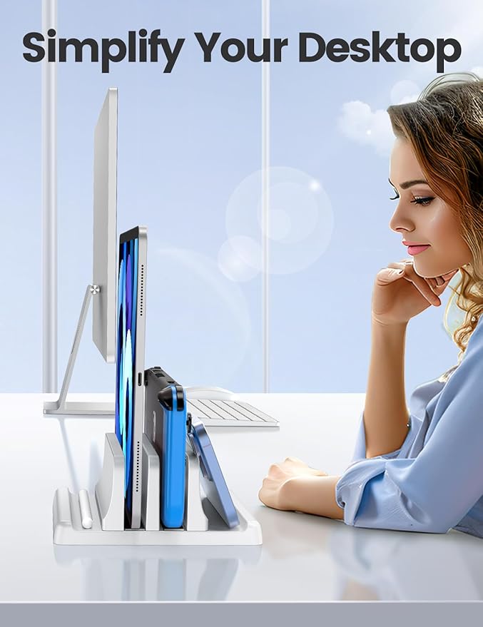 Vaydeer Vertical Laptop Stand for Desk, Dual Slots Plastic Laptop Holder Organizer with Space Saving 4-in-1 Design, Adjustable Laptop Stand Storage Supports MacBook, Chromebook, Surface, Dell (White)
