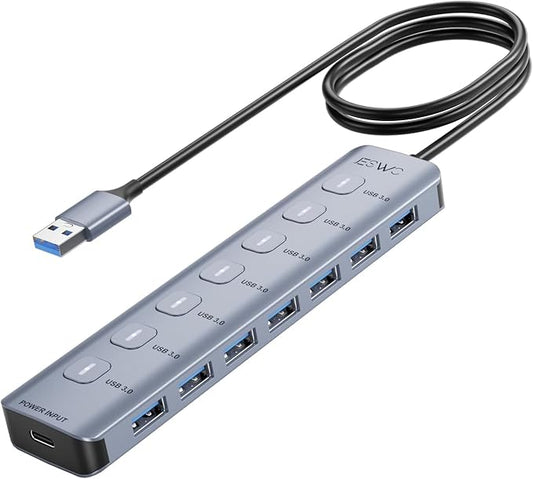 3.3Ft USB Hub 3.0, JESWO 7-Port Aluminum USB 3.0 Hub, USB Splitter with 5V 3A Type-C Port, Suitable for PC, Laptop, MacBook Pro, etc.