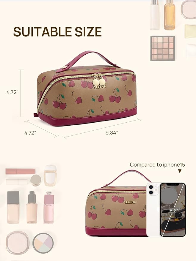 Telena Leather Make Up Bag Portable Travel Makeup Bag Waterproof Cosmetic Bags for Women Large Capacity With Handle and Divider Open Lay Flat