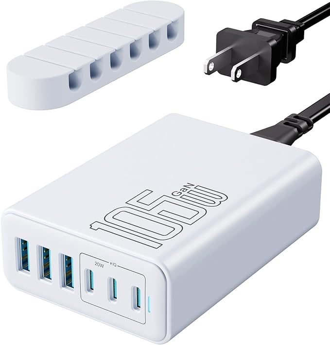 105W USB C Fast Charger, 6-Port Desktop GaN USB Charging Station Hub, USB C Charger Block Wall Charger for iPhone 17/16/15/14/13/12/11, iPad, Samsung and More (Cable Organizer Included)