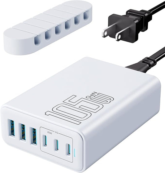 105W USB C Fast Charger, 6-Port Desktop GaN USB Charging Station Hub, USB C Charger Block Wall Charger for iPhone 17/16/15/14/13/12/11, iPad, Samsung and More (Cable Organizer Included)