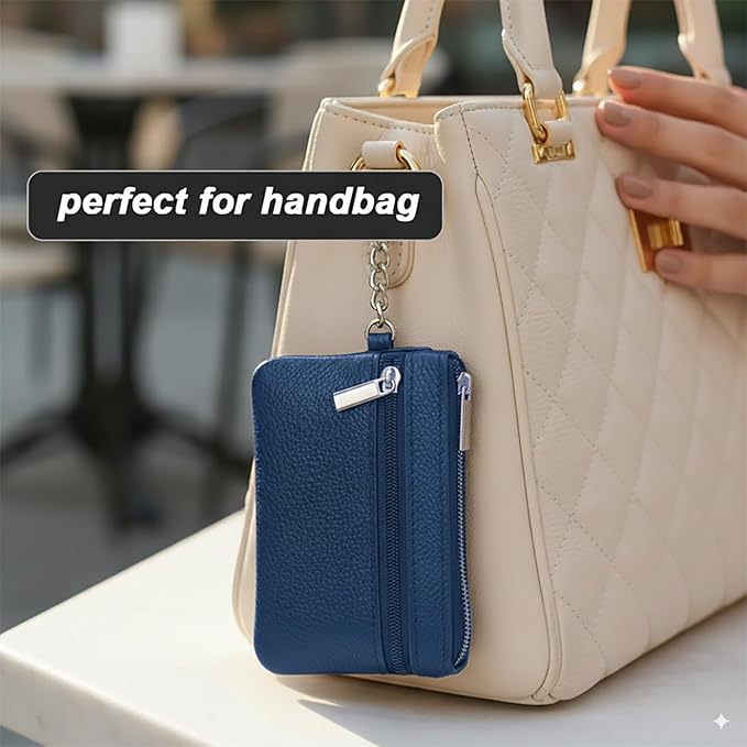 Hibate Small Leather Coin Purse Change Pouch for Women Men Kids with Zip Key Ring (Clip_Blue)