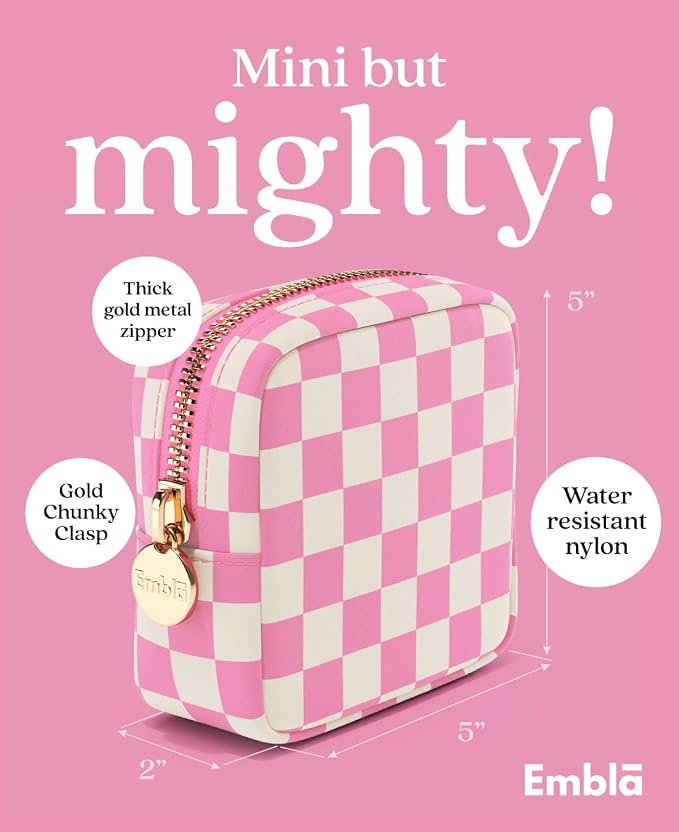Embla Makeup Bag Travel Cosmetic Bag, Toiletry Bag, Cute Makeup Organizer, Nylon Zipper Pouch Purse Storage Bag Cosmetics Organizer, Womens Make Up Bag Mini Makeup Bags (Flamingo Checkered)