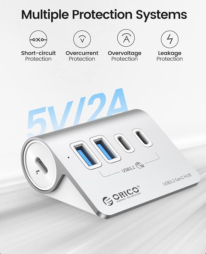 ORICO 4-Port USB 3.2 Gen2 Hub, Desktop USB 3.2 Hub with 2 USB-A, 2 USB-C, 5V 3A Power Supply Port, 10Gbps Aluminium USB-Splitter with 1.64Ft USB-C to USB-A/C Cable for iMac, MacBooks, Mac mini