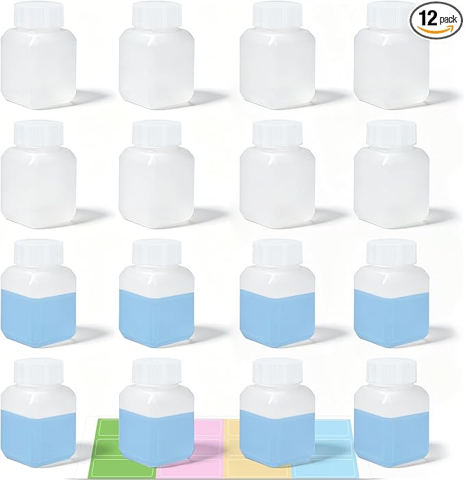 DEMORA 1oz Small Square Plastic Travel Bottles, Reusable Leak Proof Liquid Containers with Caps and Stickers for Pill, Water, Juice（Translucent, 12 Pcs）
