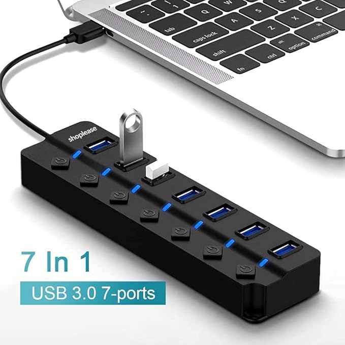 7-Port USB 3.0 Hub with Individual Power Switches and LED Lights, High-Speed Data Hub Splitter Portable USB Extension Hub for PC Laptop and More (No Power Adapter)