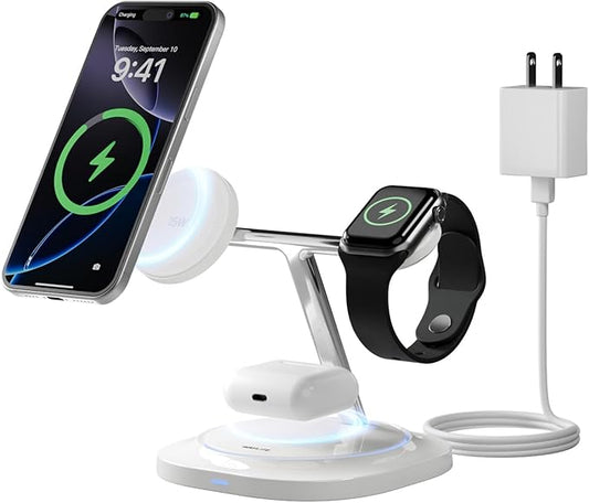 3 in 1 Magnetic Wireless Charger for Apple -Fast Charging Station Compatible with MagSafe for iPhone17-12, Apple Watch&AirPods, Phone and Watch Charger Stand for Desktop Bedside Office (Elegant White)
