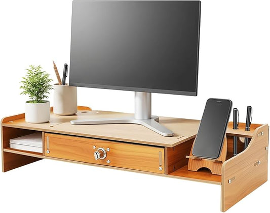 Monitor Stand Riser with Drawer, Lockable Computer Monitor Stand Desktop Organizer with Pen Holes & Cell Phone Holder for Laptop Computer Home and Office Use