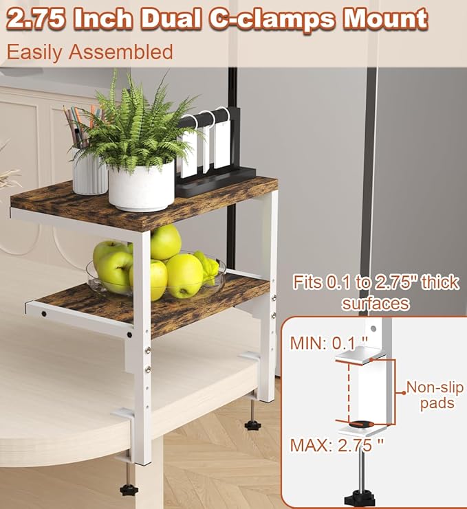 Mondazie Clamp on Desk Organizer Shelf, Heavy-Duty Desk Extender Side Table with 2-Tier Adjustable Storage Shelves for Desktop Accessories, Gaming Devices, White