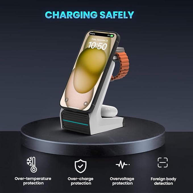 JoyGeek 3-in-1 Wireless Charging Station,Charger Stand for iPhone 15/14/13/12 Series, Fast Magnetic Charging Dock for Watch Ultra 2/9/8/7/6/SE/5/4/3/2,AirPods Pro 3/2