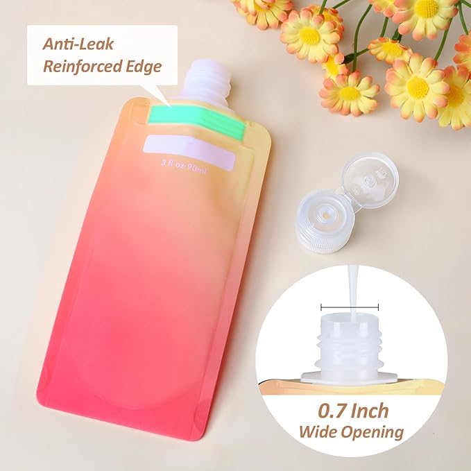 PACKISM 15 Pack Travel Pouches for Toiletries - 3 oz Leak Proof TSA Approved Liquid Containers, Squeeze Bags for Shampoo Lotion, Space Saving Refillable Carriers, Gradient Purple Cherry Yellow
