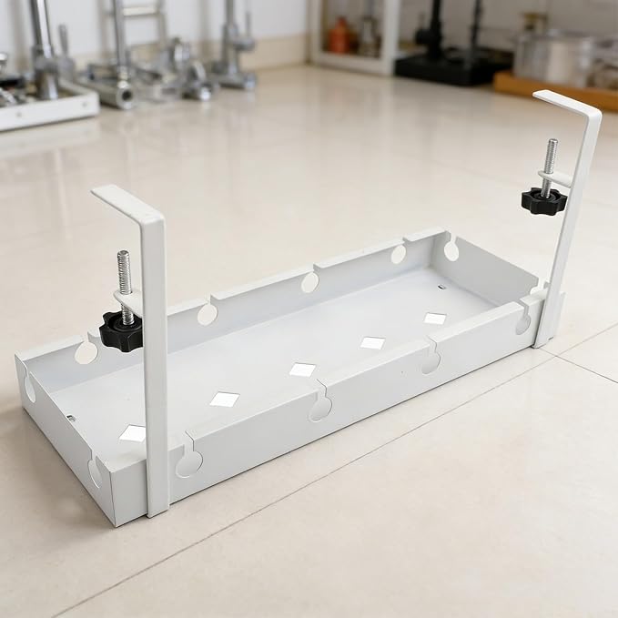 Under Desk Cable Tray with Ventilated Metal Frame for Heat Dissipation, Adjustable Fit for Office Desk and No Drilling Installation Required (White)