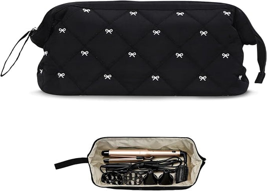 Stratalife Quilted Hair Tools Travel Bag with Polishing Cloth Compatible with Dyson Airwrap Shark Flex Style, Portable Toiletry Bag Hair Dryer Curling Iron Carrying Case Travel Essentials Black Bow