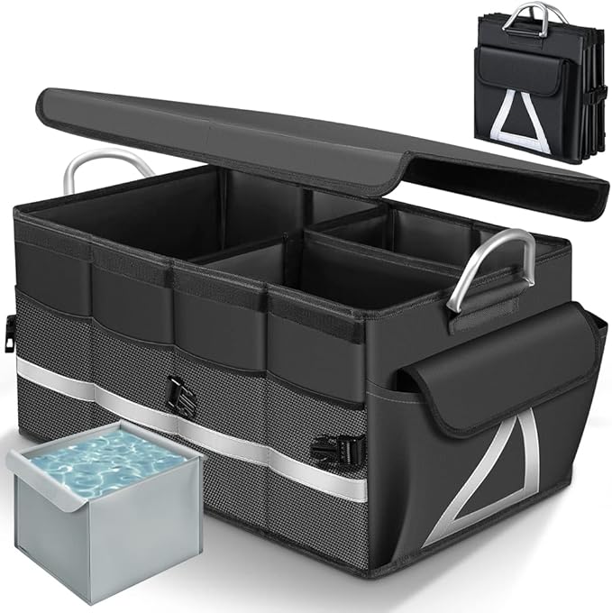 WINHUNT Trunk Organizer With Waterproof Bag, Collapsible Multi Compartment Storage for Car, SUV, Sedan, Truck - Non Slip Bottom, Aluminium Handle (Black, Large 66L)