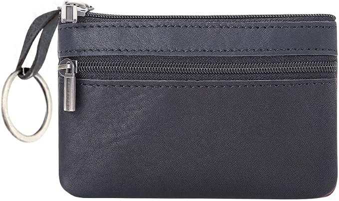 Genuine Leather Coin Purse, Small Coin Pouch for Men Women, Cash Change Wallet Key Holder Money Pouch with Key Ring, Zipper Storage Bag Coin Organizer