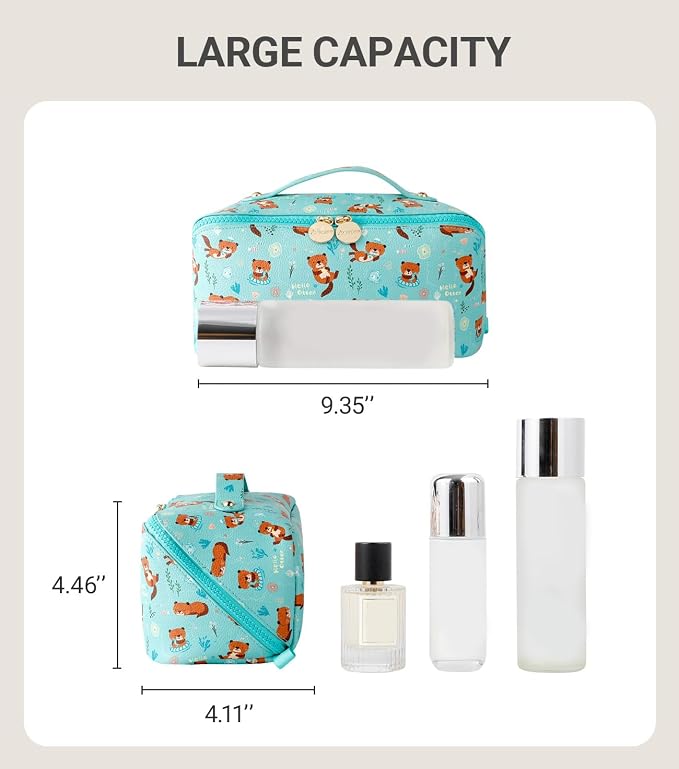 Aveniee Travel Makeup Bag for Women, Large Cosmetic Organizer with Open-Flat Design, Clear Divider & Handle - Waterproof PU Leather Toiletry Case (Otter Pattern)