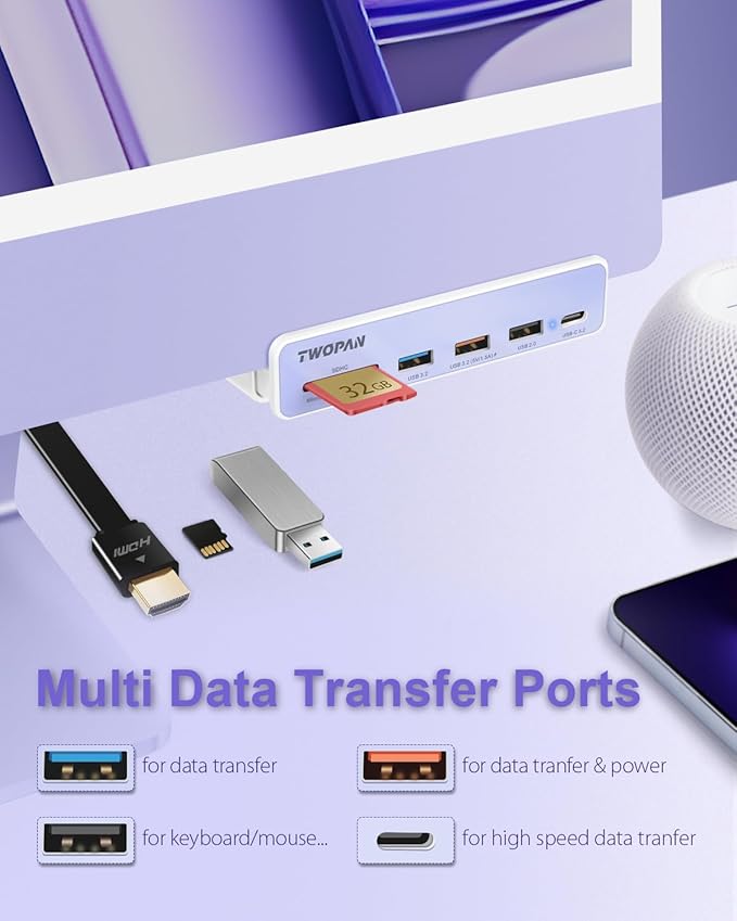 USB C Hub Multiport Adapter for iMac M4/M3/M1, 7-in-1 iMac 2024/2023 Docking Station - 4K HDMI, USB 3.2 Ports, SD/Micro SD Card Reader, 7 Color Panels