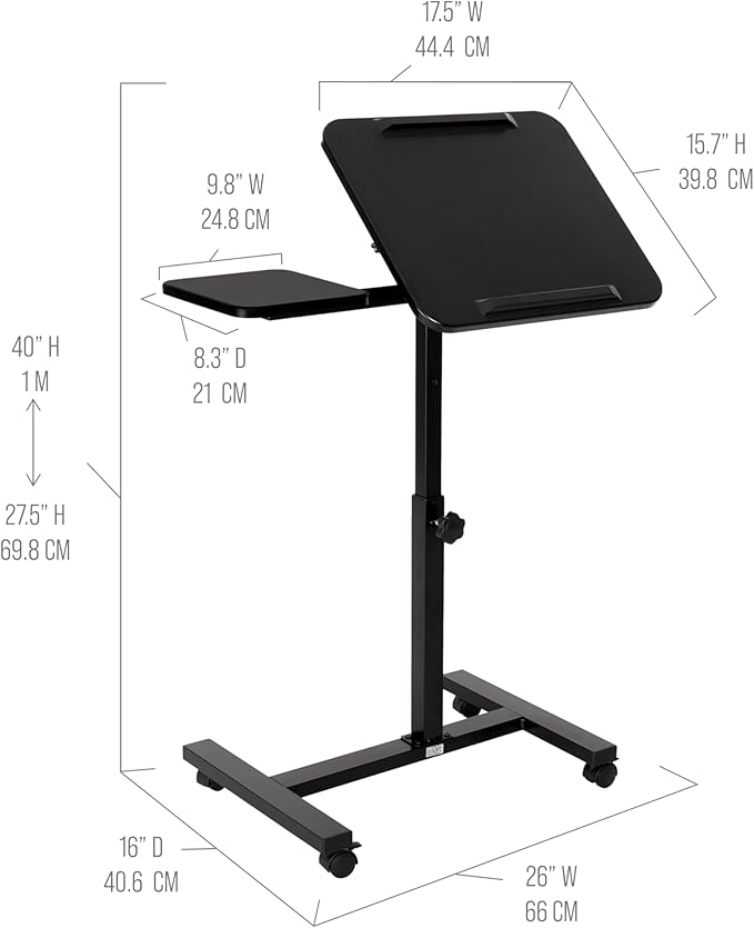 Seville Classics Airlift Height Adjustable Mobile Rolling Laptop Cart Computer Workstation Desk, Table for Home, Office, Classroom, Hospital, w/Wheels, Black, Tilt w/Side Table (28") (New Model)