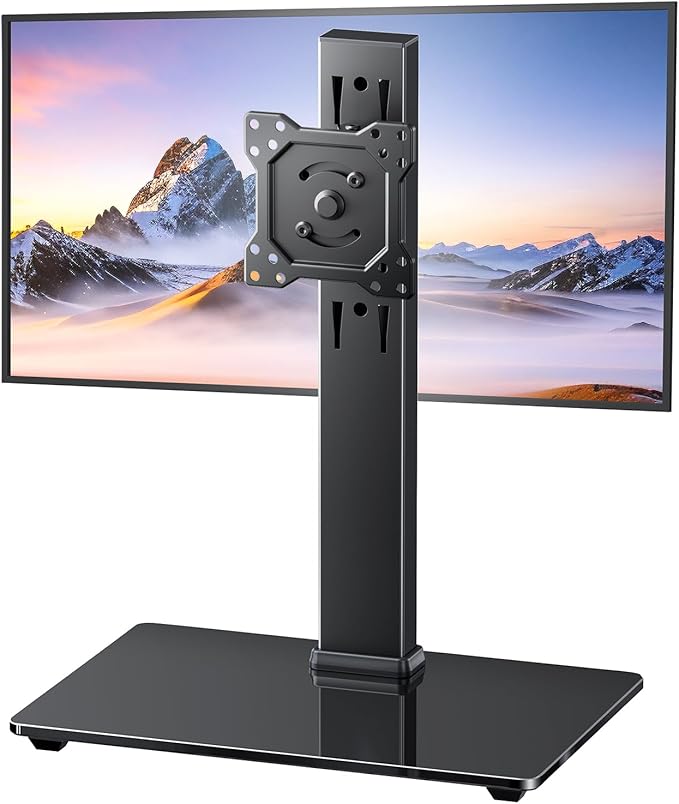 Single Monitor Stand, FreeStanding Desk Stand for 13-32 inch Screens, VESA Mount Monitor Riser with Swivel, Tilt, Rotation, 4 Height Options, Tempered Glass Base, Max Load 77lbs VESA 75x75mm-100x100mm