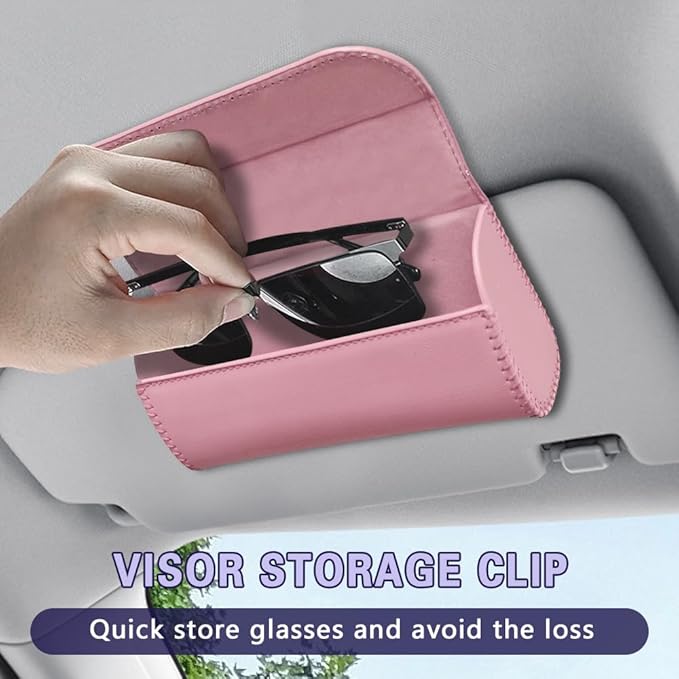 Sunglasses Holder for Car Sun Visor, Sunglass Organizer for Car, Magnetic Leather Eyeglasses Protective Storage Case, Waterproof Glasses Organizer Visor Accessories for Vehicles (Pink)