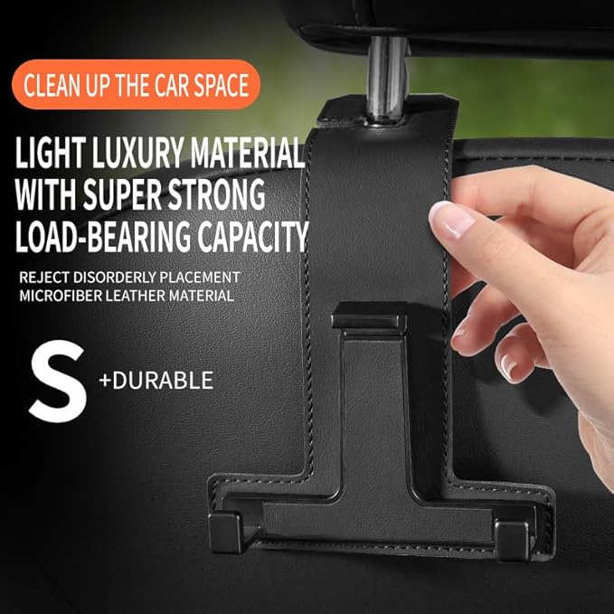 Car Hooks for Headrest, Multifunctional Luxurious Leather and Magnesium Alloy Car Seat Back Hook & Mobile Phone Holder, Double Headrest Hanger Storage Hook for Purses, Handbags (Brown)