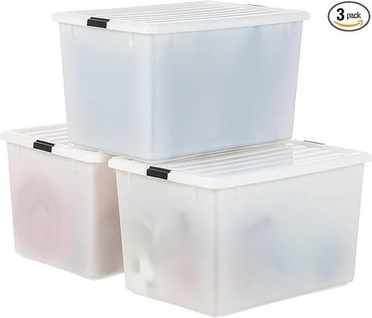 IRIS USA 144 Qt Stackable Plastic Storage Bins with Lids, 3 Pack - BPA-Free, Discreet Organizing Solution, Latches, Durable Nestable Containers, Secure Pull Handle, Made in USA - Pearl