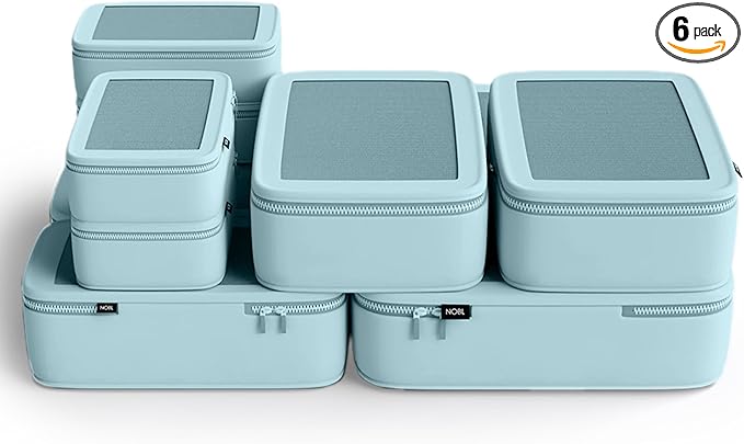 NOBL Travel Compressible Packing Cubes Set, 6 Pieces Travel Packing Organizers, Compression Luggage Cubes for Suitcases & Carry On, Space Saving (XXS, XS, S, M, L, XL) - Powder Blue