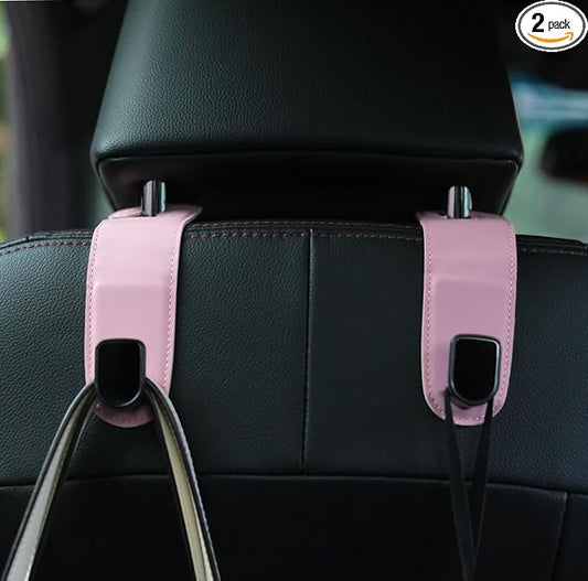 JEYODA Flexible PU Vehicle Storage Hanger, Universal Hidden Multifunctional Headrest Hooks for Purses, Bags and Car, Home (Pink)