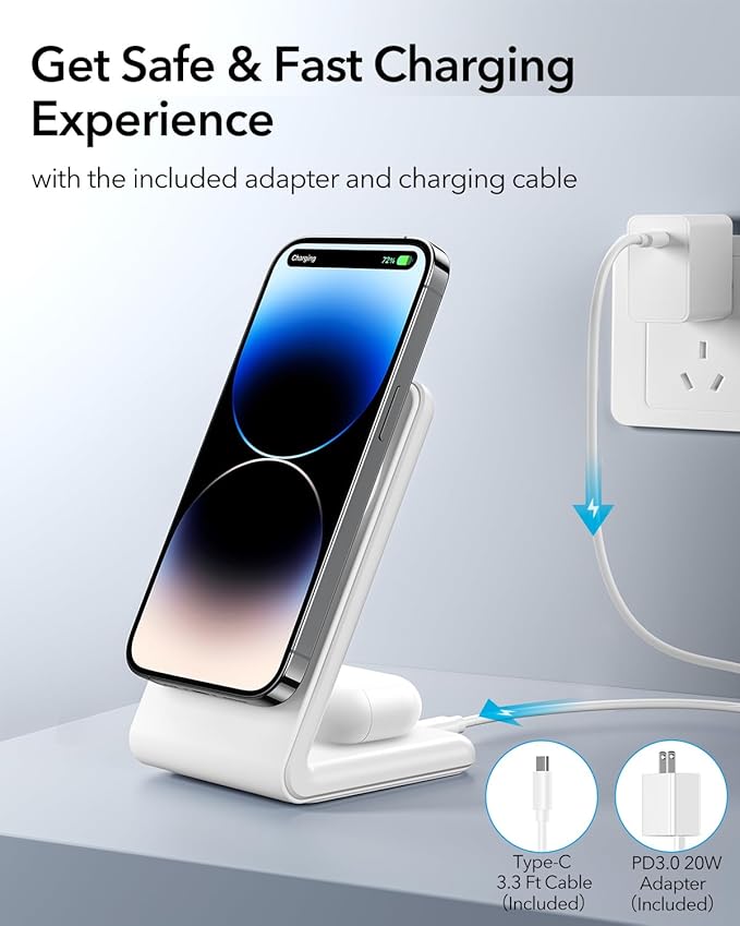 2-in-1 for Magsafe-Compatible Charger Stand with PD 20W USB-C Charger Block & Cable, Fast Charging Wireless Charger Designed for iPhone 17 Pro Max/16/15/14/13/12, AirPods 4/3/Pro 3/Pro 2/Pro, White