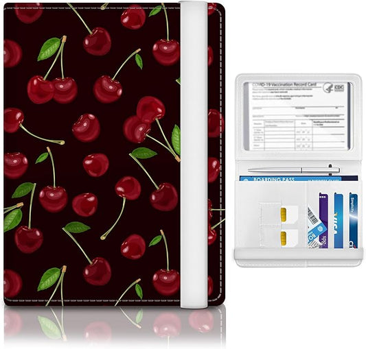 Passport Holder for Travel Essentials, RFID Premium Leather Passport Wallet Cover Case, Unisex Adult, Cherry, Fruits Pattern, Waterproof, Faux Leather