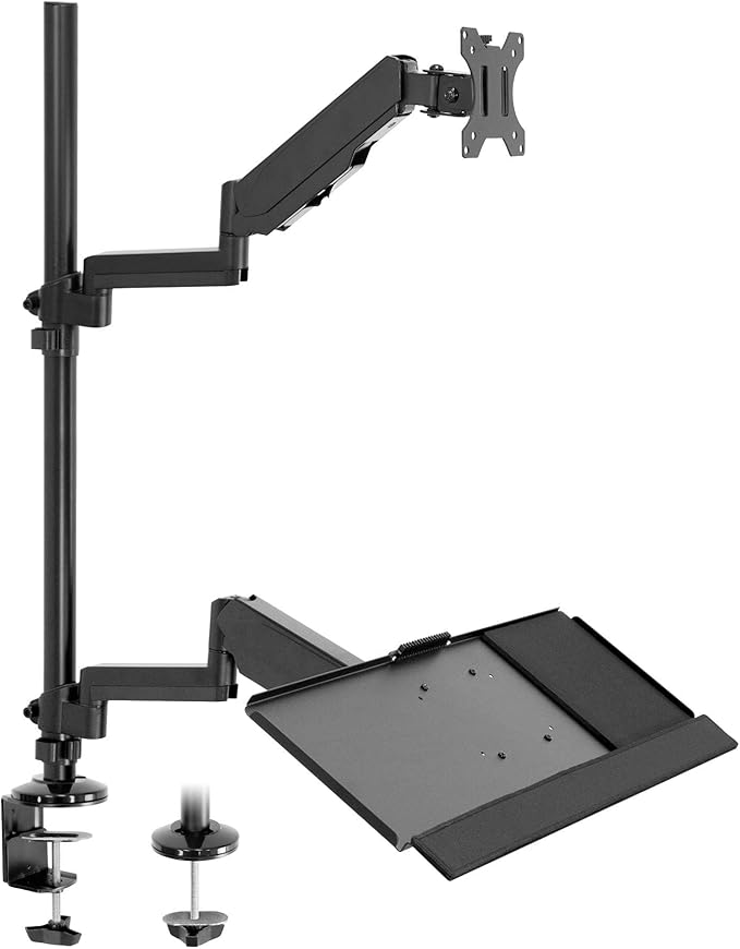 Mount-It! Sit-Stand Monitor Arm Desk Mount with Keyboard Tray, Single Monitor Fits Up to 32”, Height Adjustable Gas Spring, Full Motion Articulating Arm, Clamp or Grommet, Black