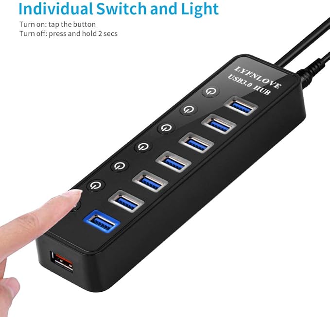 Powered USB Hub 3.0 Extender, Multiple Port Hub Splitter for Laptop PC with Power Adapter and Charging Port, USB Expander with On/Off Switches for MacBook, iMac, Surface Pro