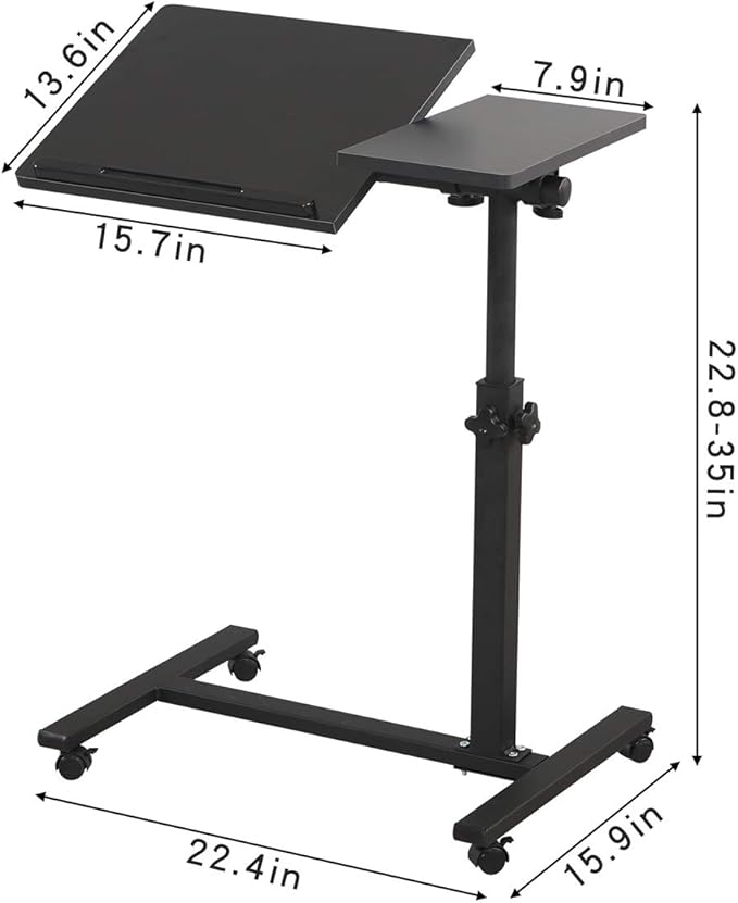 TigerDad Overbed Bedside Desk Mobile Rolling Laptop Stand Tilting Overbed Table with Wheels Height Adjustable Tray Table for Laptop Bed Sofa Side Table (Black)
