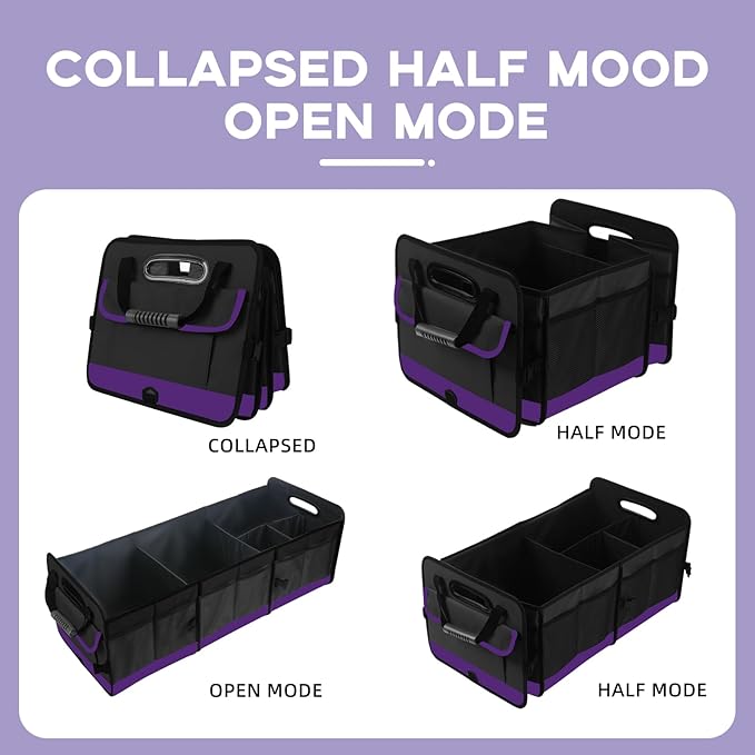 Trunk Organizer for Car, Sturdy Storage Organization with Non-Slip Bottom Strips, 95L Large Capacity Cargo Organizer for Suv, Truck, Sedan, Waterproof Portable Car Organizers for Women Men(Purple)
