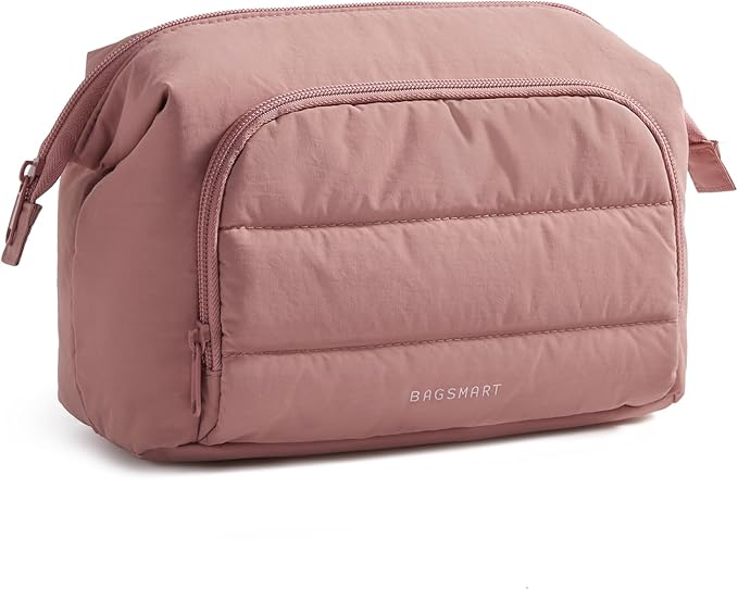 BAGSMART Travel Makeup Bag, Cosmetic Bag Small Make Up Organizer Case,Wide-open Pouch for Women Purse for Toiletries Accessories Brushes,Large Beige