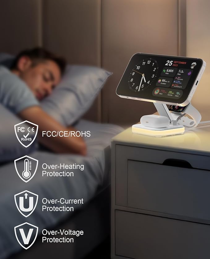 5-in-1 Magnetic Wireless Charging Stand for Apple MagSafe Charger with Night Light for iPhone 17/16/15/14/13/12, Watch, AirPods, Travel Magnetic Charger Nightstand Charging Station (Adapter Included)